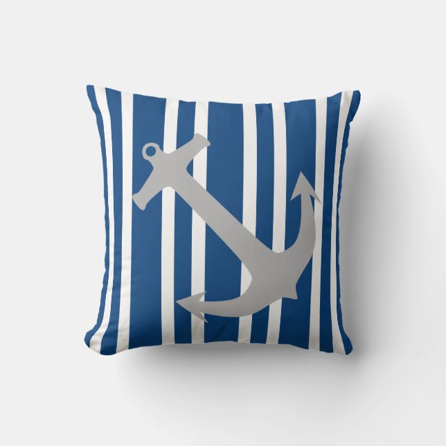 Blå och Grått Nautical Anchor Stripe Pillow Kudde (Framsida)