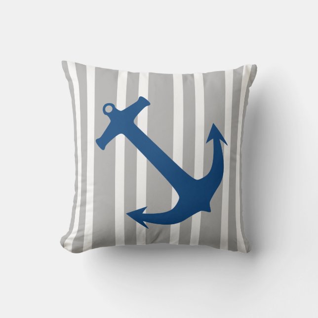 Blå och Grått Nautical Anchor Stripe Pillow Kudde (Framsida)
