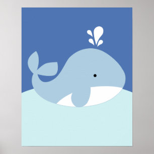 Blå och Grått Ocean Life Whale Nursery Skriv ut Poster