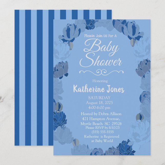 Blå och Grått Peonies WandeBaby Shower Inbjudningar (Fram/baksida)