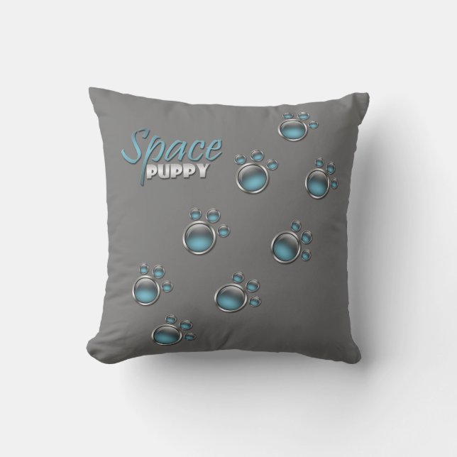 Blå och Grått "Space Puppy" Tass avtryck Pillow Kudde (Framsida)
