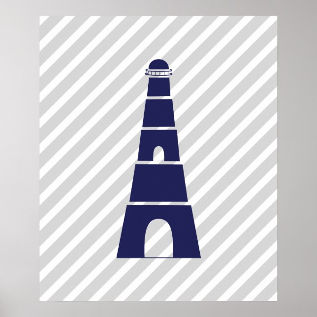 Blå och Grått Stripe Nautical Lighthouse Poster (Framsidan)