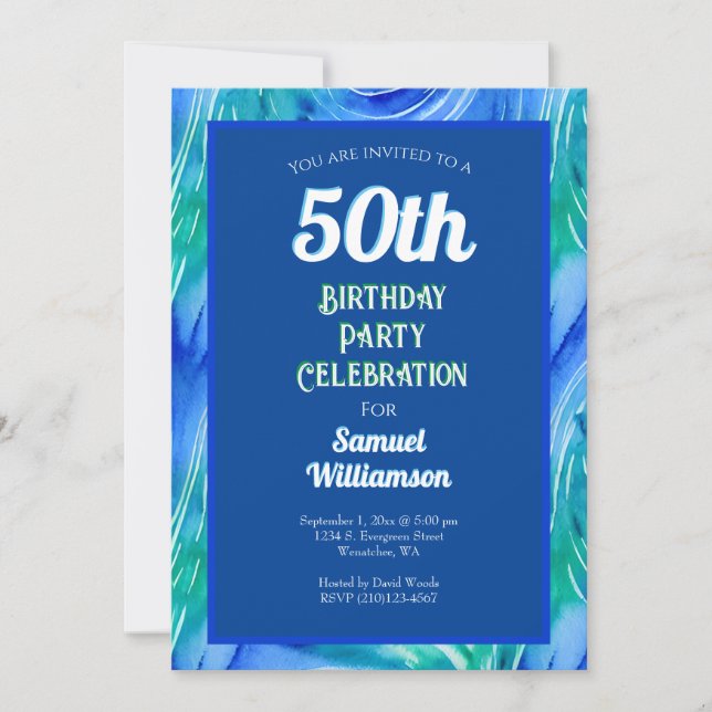Blå och grön 50-årsfest inbjudningar (Framsida)
