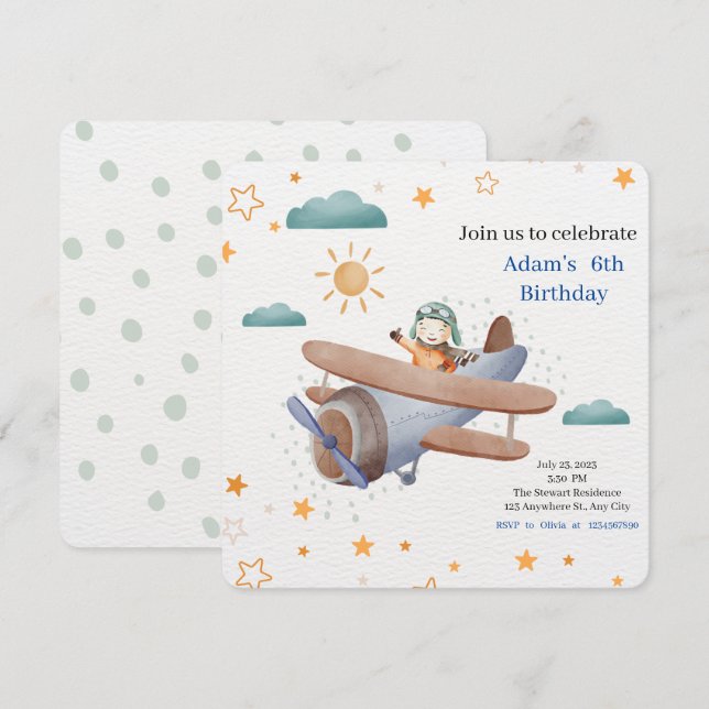 Blå och grön akvarell Flygpilot Bebis  Inbjudningar (Fram/baksida)