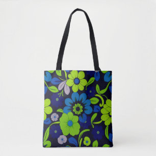Blå och grön blommig toteväska tygkasse