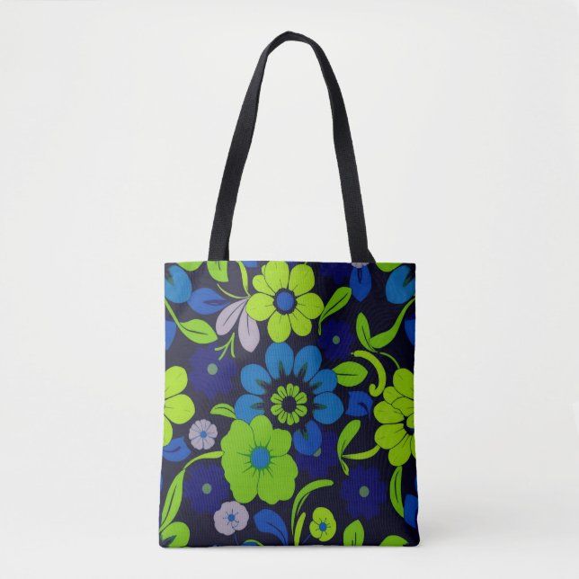 Blå och grön blommig toteväska tygkasse (Framsida)