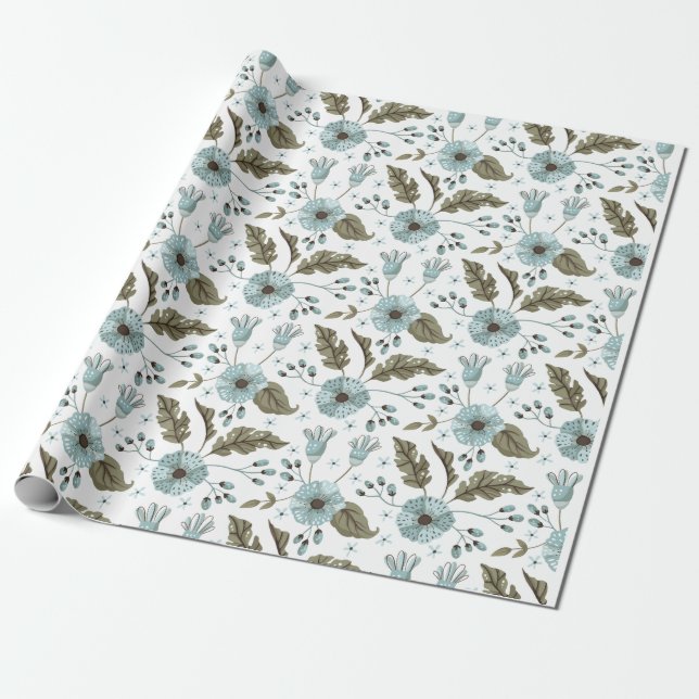Blå och grön blomster presentpapper (Utrullad)