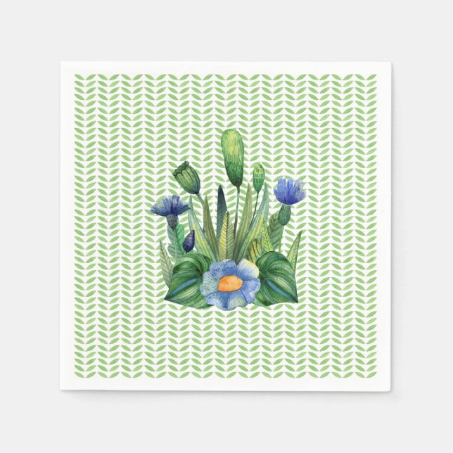 Blå och grön blomsterträdgård pappersservett (Framsidan)