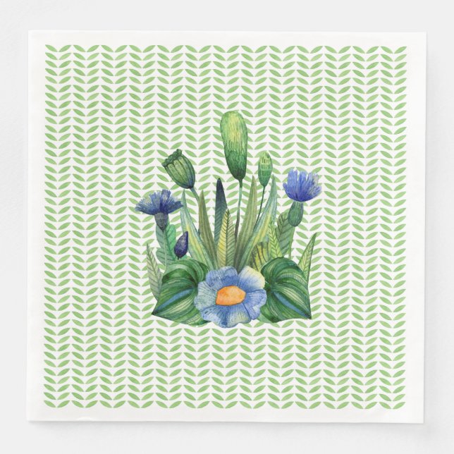 Blå och grön blomsterträdgård pappersservett (Framsida)