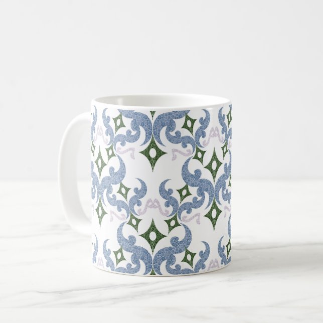 blå och grön damast ornament punktivism kaffemugg (Framsida vänster)