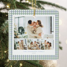 Blå och grön Gingham familjefotokollage Julgransprydnad Keramik