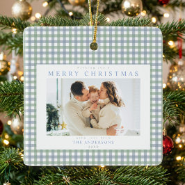 Blå och grön Gingham jul anpassad foto Julgransprydnad Keramik