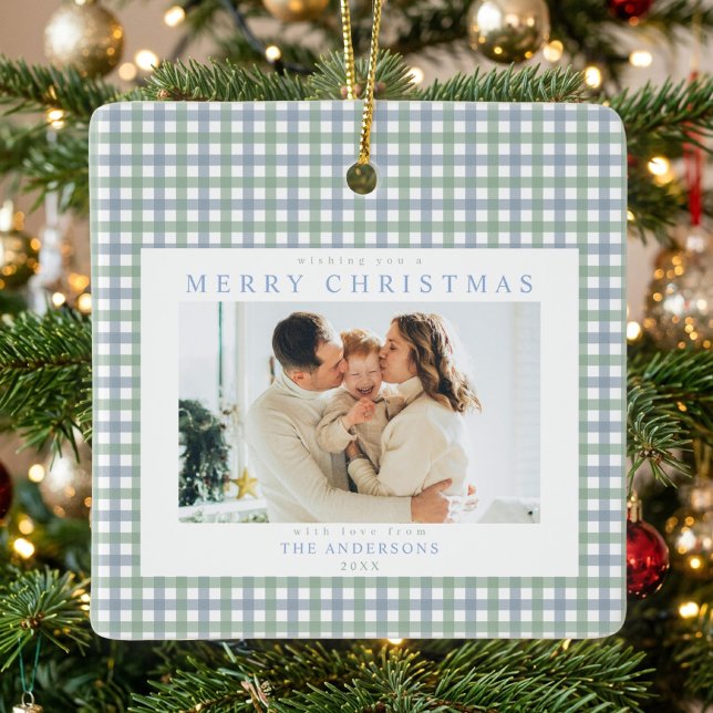 Blå och grön Gingham jul anpassad foto Julgransprydnad Keramik (Skapare uppladdad)