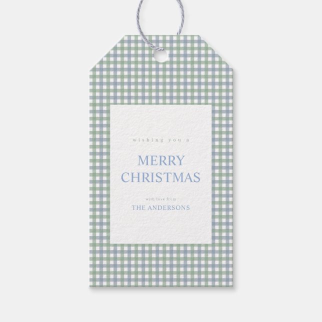 Blå och grön Gingham jul Presentetikett (Framsidan)