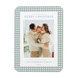 Blå och grön Gingham julbild Magnet