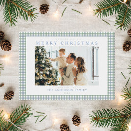Blå och grön Gingham julfotografi Julkort