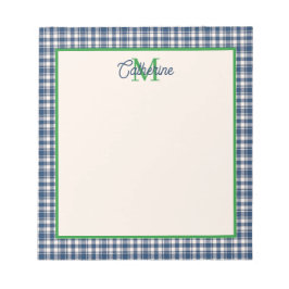 Blå och grön Gingham Plaid Tartan Monogram Anteckningsblock