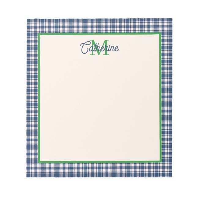 Blå och grön Gingham Plaid Tartan Monogram Anteckningsblock (Framsida)
