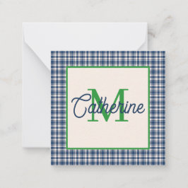 Blå och grön Gingham Plaid Tartan Monogram Anteckningskort