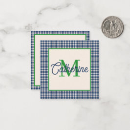Blå och grön Gingham Plaid Tartan Monogram Anteckningskort
