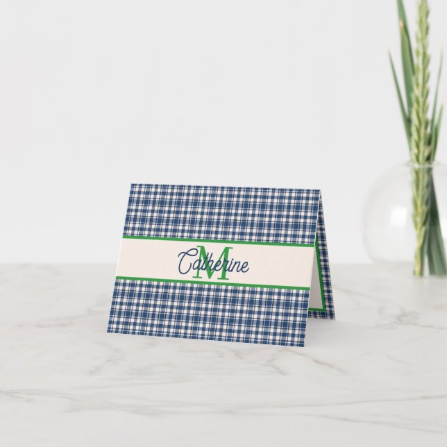 Blå och grön Gingham Plaid Tartan Monogram Anteckningskort (Framsida)