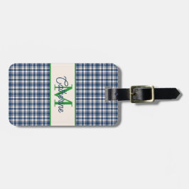 Blå och grön Gingham Plaid Tartan Monogram Bagagebricka