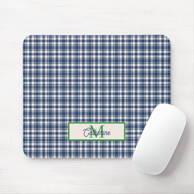 Blå och grön Gingham Plaid Tartan Monogram Musmatta (Med mus)