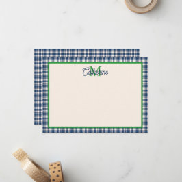 Blå och grön Gingham-rutig Tartan-monogram Anteckningskort