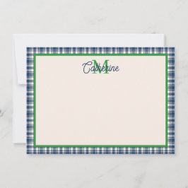 Blå och grön Gingham-rutig Tartan-monogram Anteckningskort