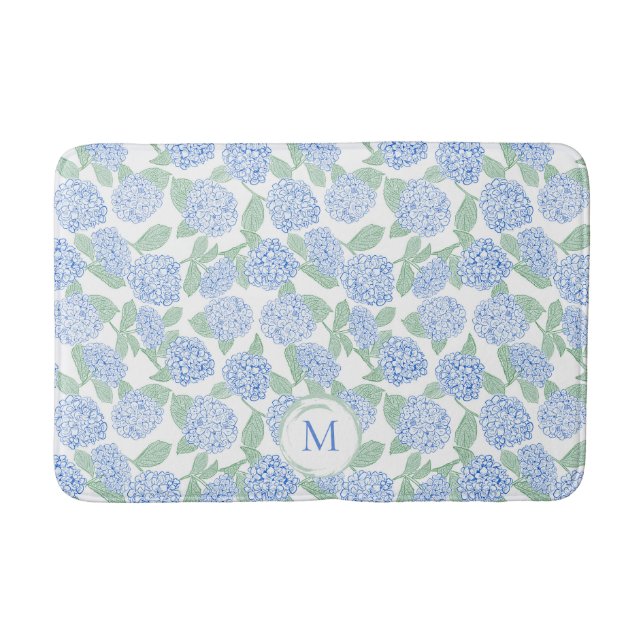 Blå och Grön Hortensia Blommönster Monogram Badrumsmatta (Framsidan)
