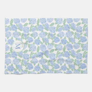 Blå och Grön Hortensia Blommönster Monogram Kökshandduk