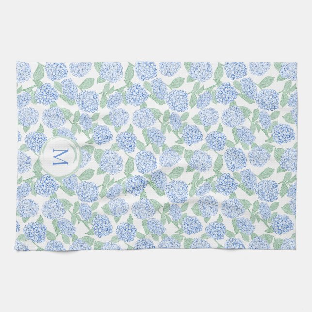Blå och Grön Hortensia Blommönster Monogram Kökshandduk (Horisontell)