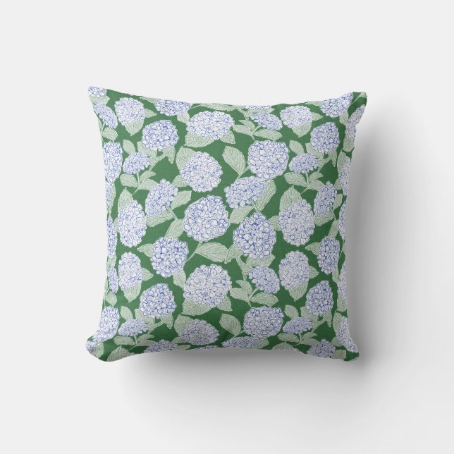 Blå och grön Hydrangea Blommor Kudde (Framsida)
