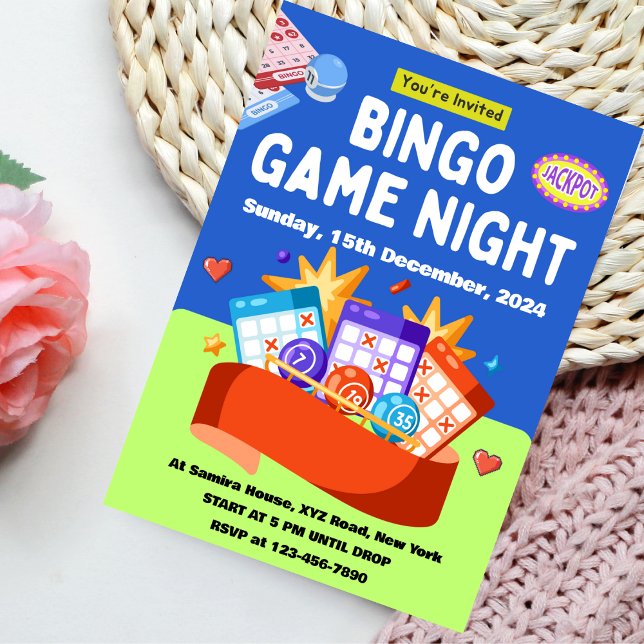 Blå och grön lekfull bingo-spel kvällsinbjudan inbjudningar (Skapare uppladdad)