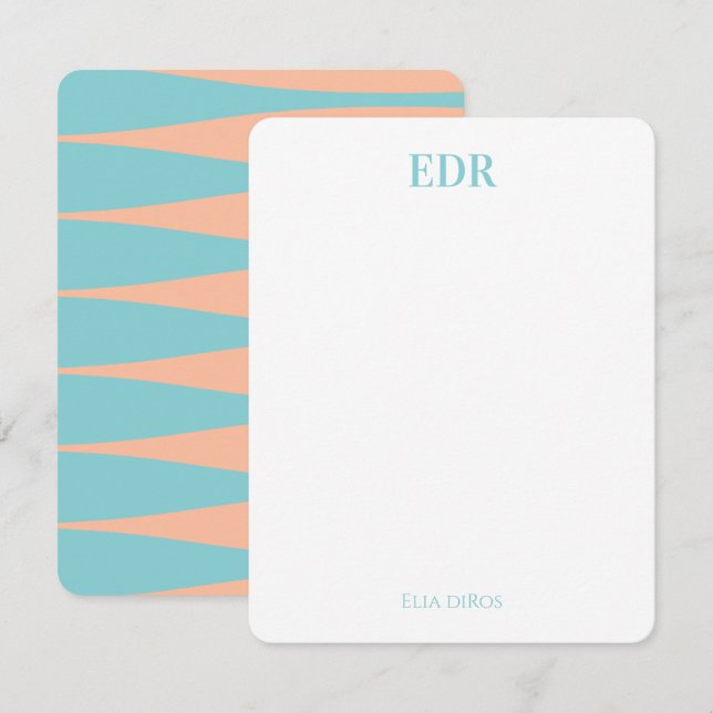 Blå och grön randig monogram anteckningskort (Fram/baksida)