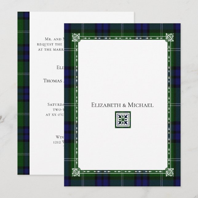 Blå och grön rutig, tartan bröllopsinbjudan inbjudningar (Fram/baksida)