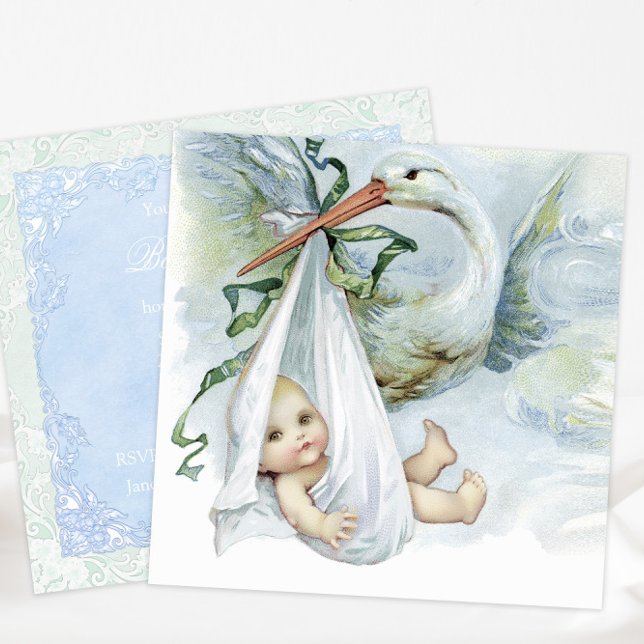 Blå och grön stork Bebis bjudning Inbjudningar (Beautiful vintage stork baby shower invitation. Simply add your details to the front and back.)
