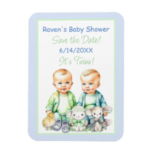Blå och grön tvillingpojkar Baby Shower Spara datu Magnet