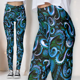 Blå och gröna bläckfisk tentakelbyxor leggings