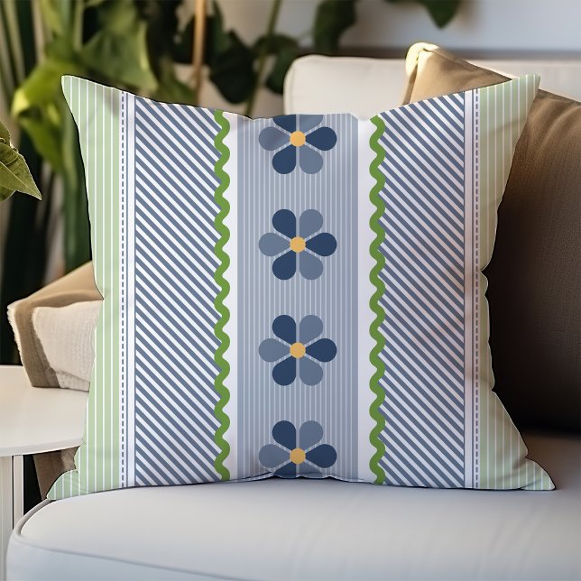 Blå och gröna blommiga diagonala ränder kudde (Skapare uppladdad)