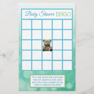 Blå och gröna teddybjörnspojkars baby shower-spel flygblad