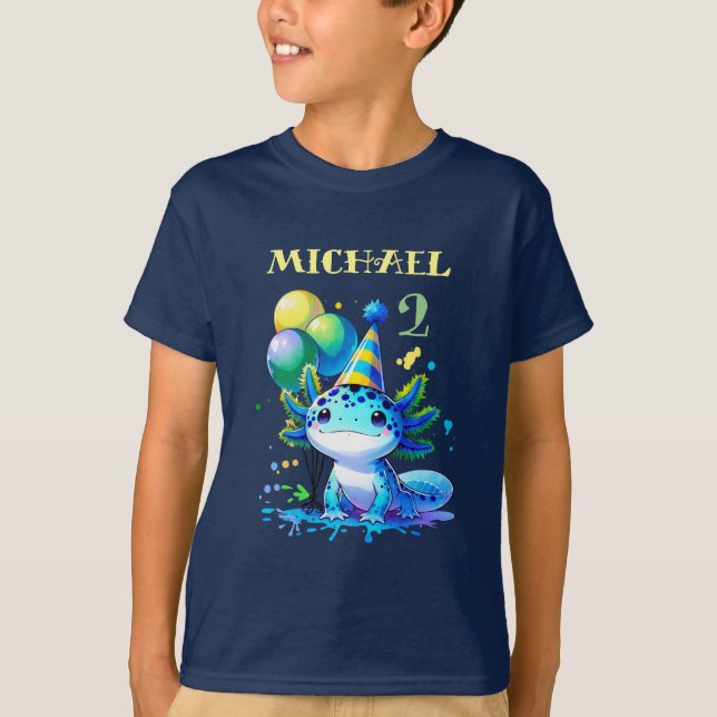 Blå och Grönt Axolotl Boy's Födelsedagsfest T Shirt (Framsida)