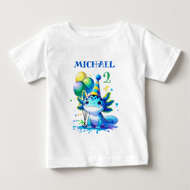 Blå och Grönt Axolotl Boy's Födelsedagsfest T Shirt (Framsida)