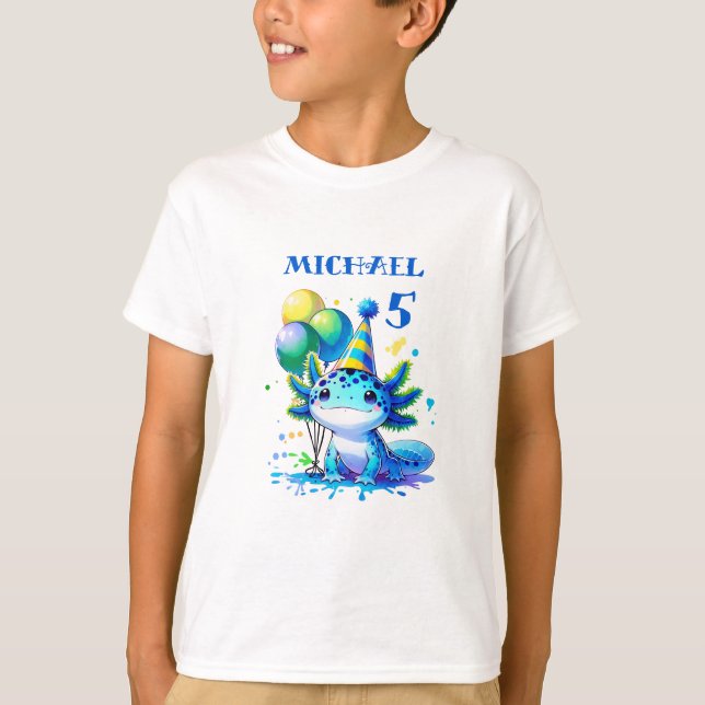 Blå och Grönt Axolotl Boy's Födelsedagsfest T Shirt (Framsida)