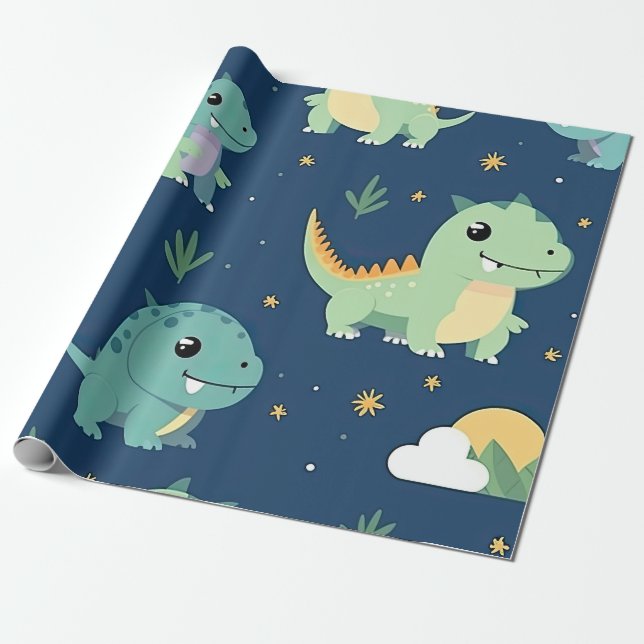 Blå och Grönt Baby Dinosaur Mönster Presentpapper (Utrullad)