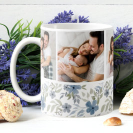 Blå och Grönt Blommigt 4 Fotokollage, Anpassningsb Kaffemugg