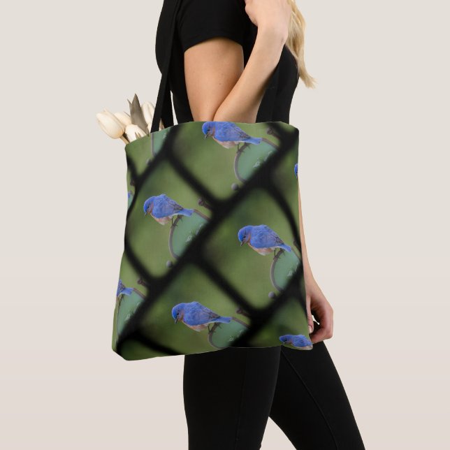 Blå och Grönt Bluebird Tote for Birdlovers Tygkasse (Närbild)
