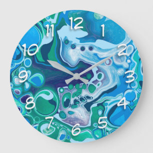 Blå och Grönt Digital Marble Fluid Art Stor Klocka