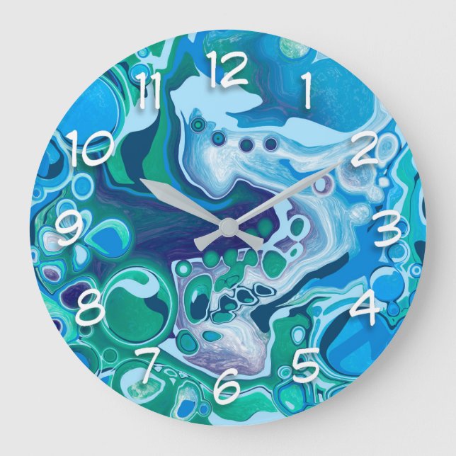 Blå och Grönt Digital Marble Fluid Art Stor Klocka (Framsida)