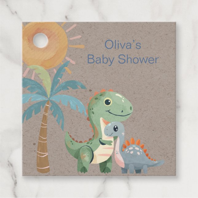 Blå och Grönt Dinosaur Boy Shower Tack Gåvor Etiketter (Framsida)